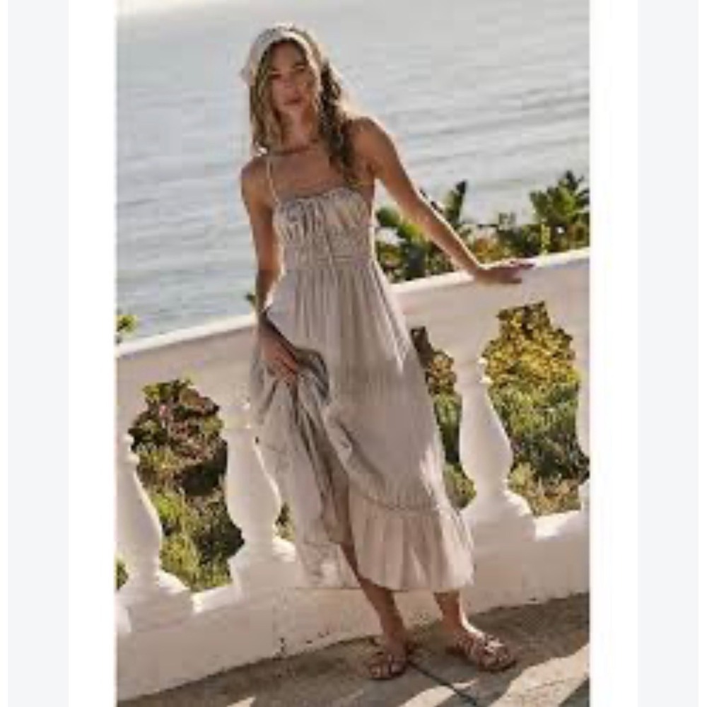 Sim & Sam Beige Linen Blend Smocked Tiered Midi Dress with Pockets Large